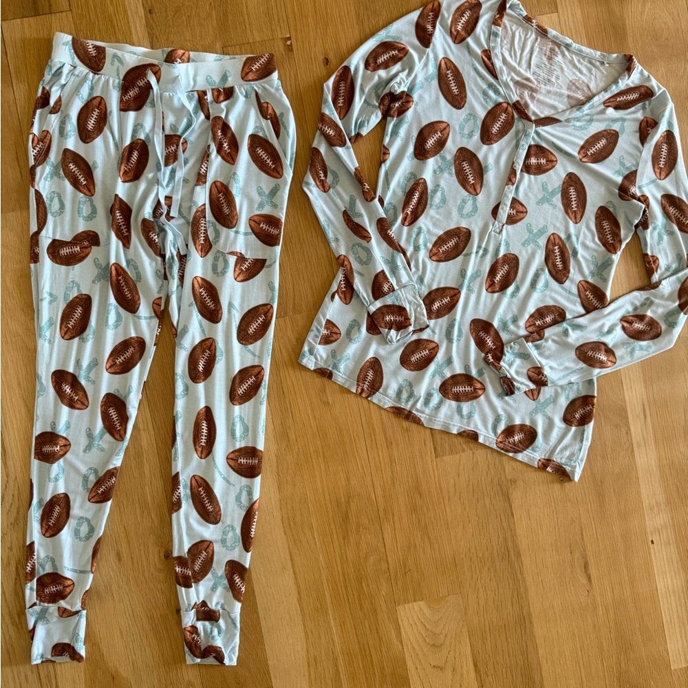 Posh Peanut Football Print Pajama Set in Light Blue and Brown- Small